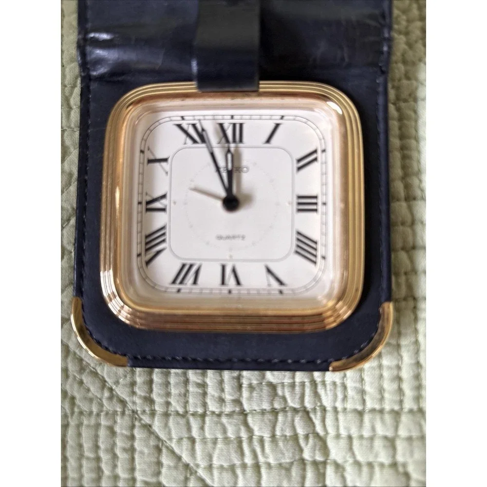 Vtg SEIKO Japan Folding Leather Travel Pocket Watch Clock Working Michelob Light
